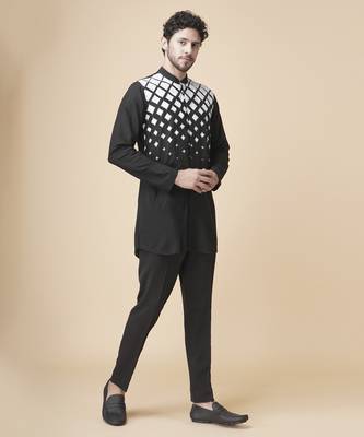 Black silk geometric printed jacket paired with kurta & pant 4