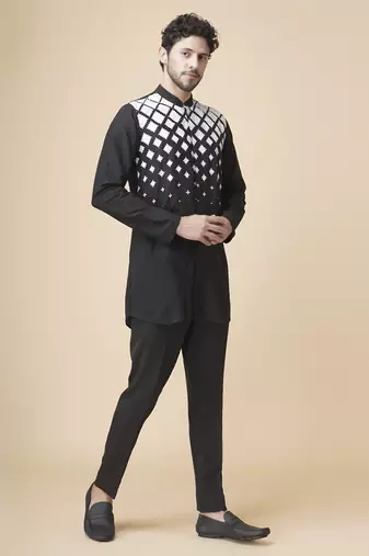 Black silk geometric printed jacket paired with kurta & pant