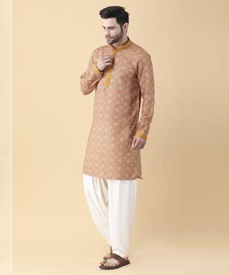 Mustard silk floral printed mens kurta & pant 1