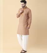 Mustard silk floral printed mens kurta & pant