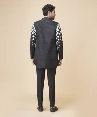 Black silk geometric printed jacket paired with kurta & pant 5
