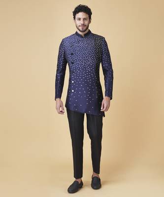 Blue silk printed bandhgala jacket with pants 1