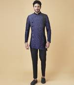 Blue silk printed bandhgala jacket with pants