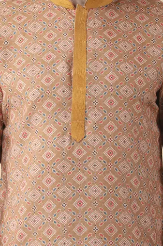 Mustard silk floral printed mens kurta & pant
