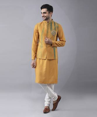 Mustard silk printed kurta jacket paired with kurta & pant 1