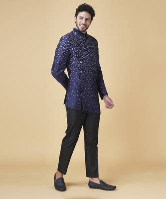 Blue silk printed bandhgala jacket with pants 2