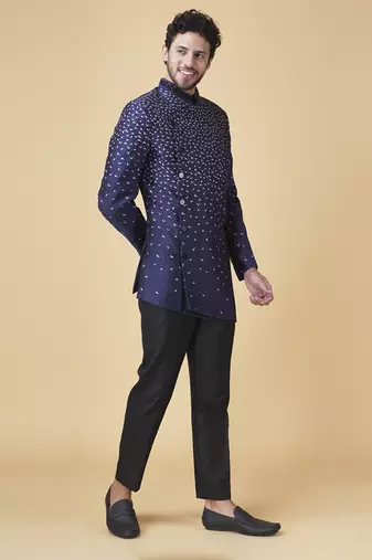 Blue silk printed bandhgala jacket with pants