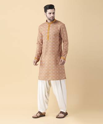 Mustard silk floral printed mens kurta & pant 3