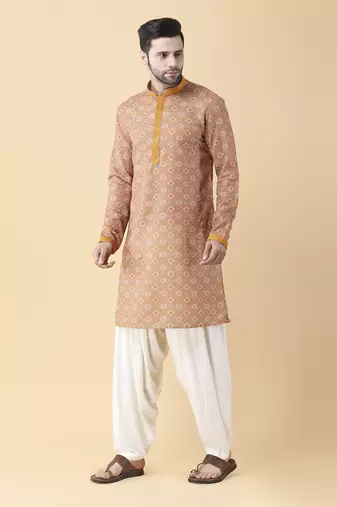 Mustard silk floral printed mens kurta & pant
