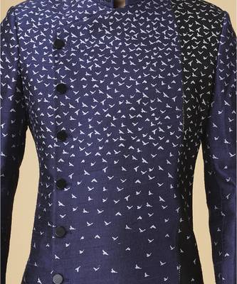 Blue silk printed bandhgala jacket with pants 3