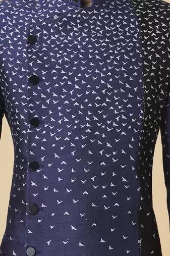 Blue silk printed bandhgala jacket with pants