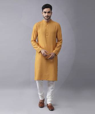 Mustard silk printed kurta jacket paired with kurta & pant 2