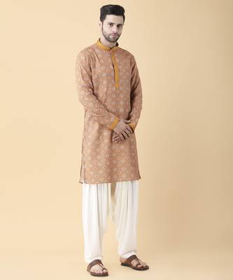 Mustard silk floral printed mens kurta & pant 4