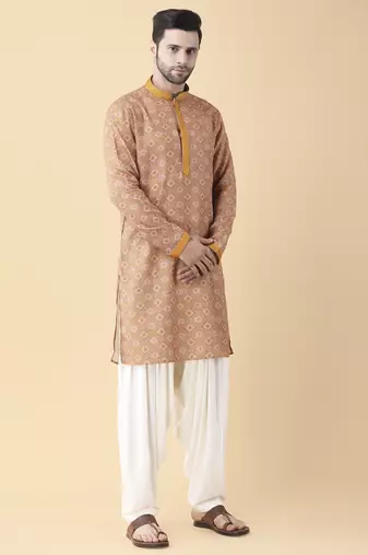 Mustard silk floral printed mens kurta & pant