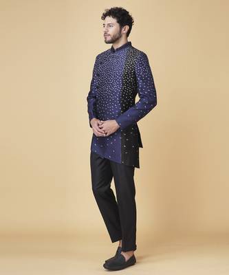 Blue silk printed bandhgala jacket with pants 4