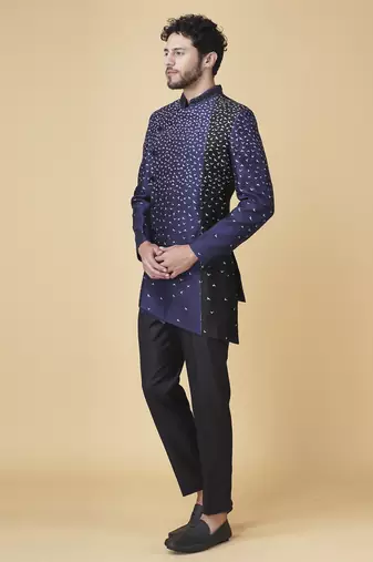 Blue silk printed bandhgala jacket with pants