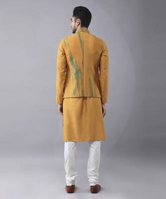 Mustard silk printed kurta jacket paired with kurta & pant 3