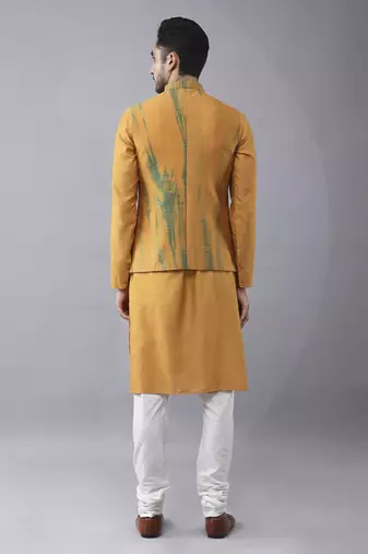 Mustard silk printed kurta jacket paired with kurta & pant