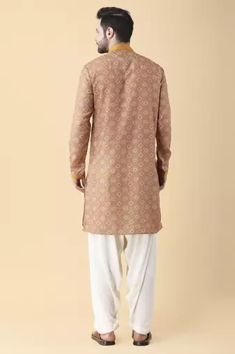 Mustard silk floral printed mens kurta & pant