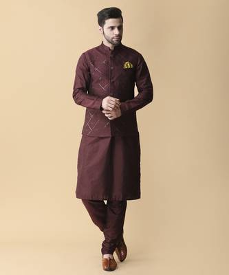 Wine solid silk kurta jacket paired with kurta & pant 1