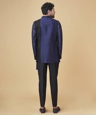 Blue silk printed bandhgala jacket with pants 5
