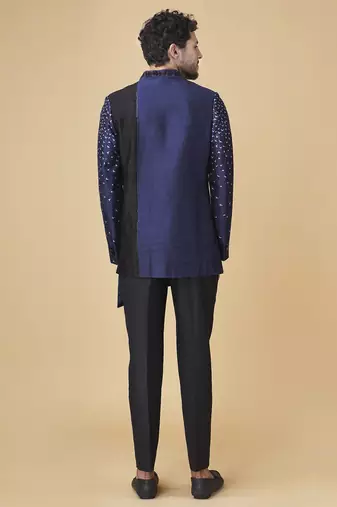 Blue silk printed bandhgala jacket with pants