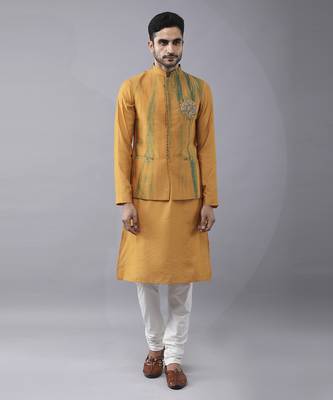Mustard silk printed kurta jacket paired with kurta & pant 5
