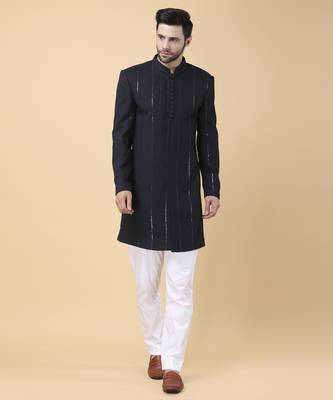 Navy blue cotton silk solid bandhgala jacket with pants 1