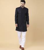 Navy blue cotton silk solid bandhgala jacket with pants