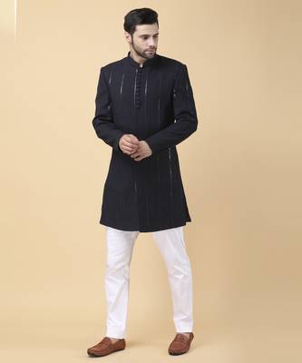 Navy blue cotton silk solid bandhgala jacket with pants 2