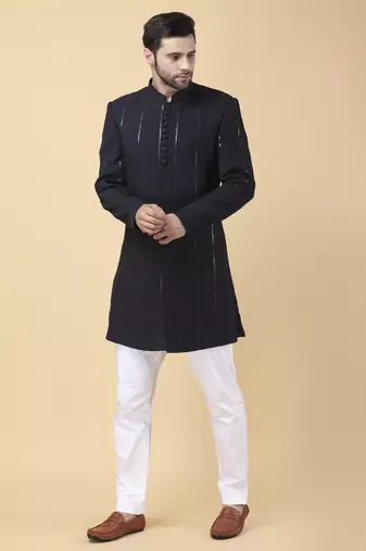 Navy blue cotton silk solid bandhgala jacket with pants