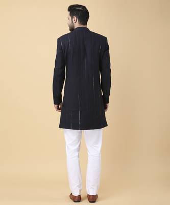 Navy blue cotton silk solid bandhgala jacket with pants 3