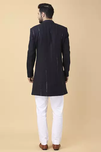 Navy blue cotton silk solid bandhgala jacket with pants
