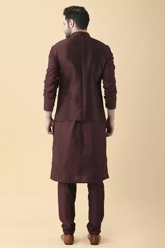 Wine solid silk kurta jacket paired with kurta & pant