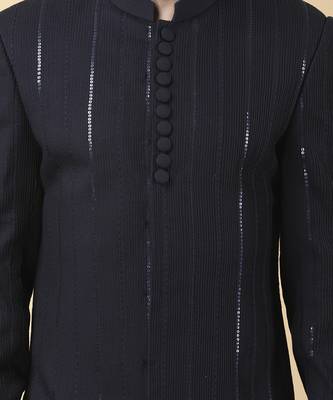Navy blue cotton silk solid bandhgala jacket with pants 4