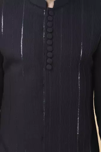 Navy blue cotton silk solid bandhgala jacket with pants