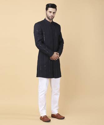 Navy blue cotton silk solid bandhgala jacket with pants 5