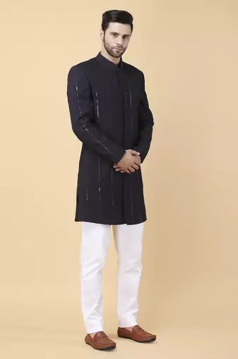 Navy blue cotton silk solid bandhgala jacket with pants