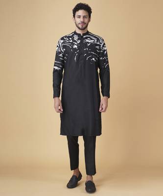 Black silk printed jacket paired with kurta & pant 1