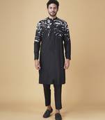 Black silk printed jacket paired with kurta & pant
