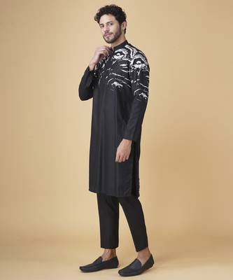 Black silk printed jacket paired with kurta & pant 2