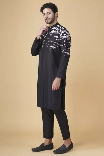 Black silk printed jacket paired with kurta & pant