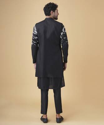 Black silk printed jacket paired with kurta & pant 4