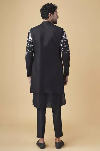 Black silk printed jacket paired with kurta & pant