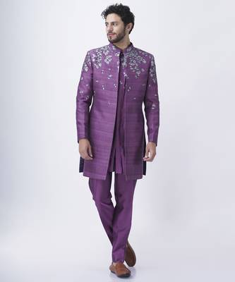 Lilac silk floral printed jacket paired with kurta & pant 1