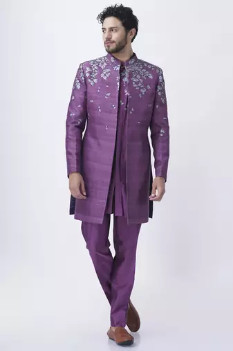 Lilac silk floral printed jacket paired with kurta & pant