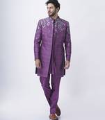 Lilac silk floral printed jacket paired with kurta & pant