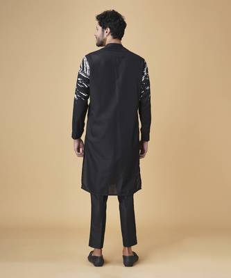 Black silk printed jacket paired with kurta & pant 5