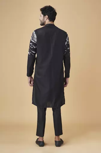 Black silk printed jacket paired with kurta & pant
