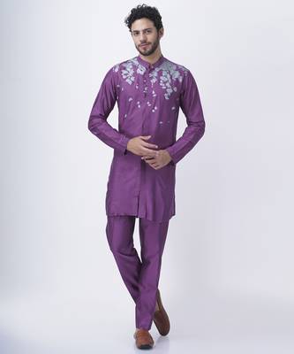 Lilac silk floral printed jacket paired with kurta & pant 2